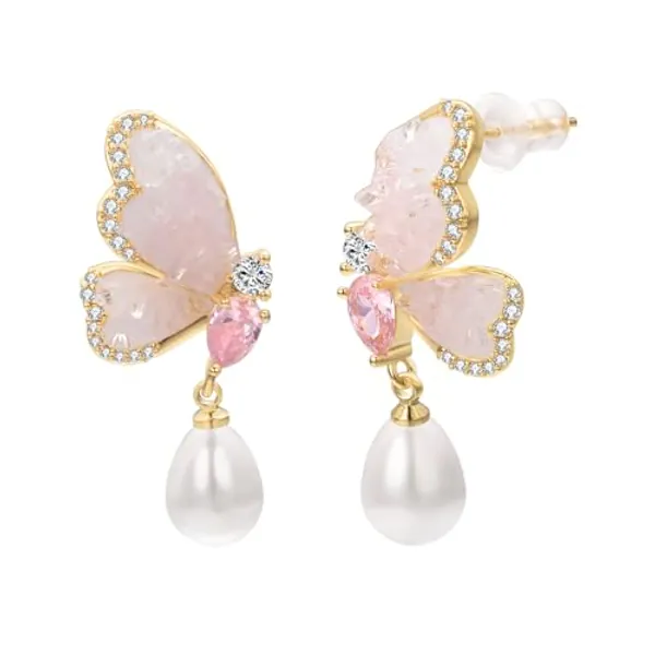 Vissen Argent Sterling 925 Fleurs De Cerisier Papillon Zirconium Boucle Oreille Femme Boucles D'oreilles Plaqué Or Baroque Perle Pendantes