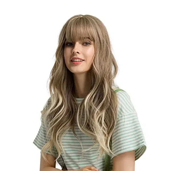 Esmee Perruque Blond pour femmes de 24 pouces avec frange, longue vague naturelle, perruque synthétique résistante à la chaleur