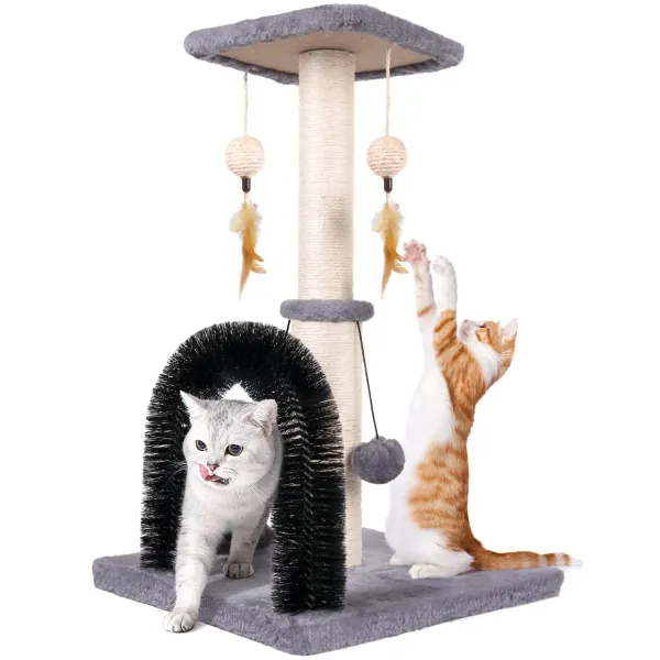 OYSMY Cat Scratching Posts with Cat Self Groomer and Platform, Sisal Rope Cat Scratcher for Indoor Cats, Cat Scratch Post with Balls for Kittens, Durable Stable Cat Claw Scratching (Grey) - Grey