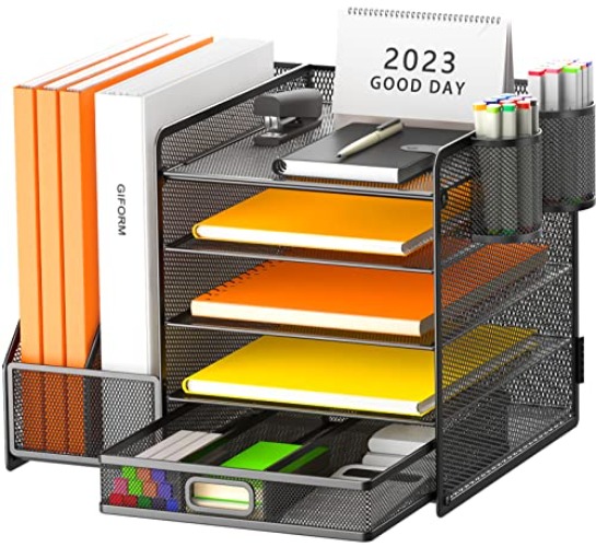 Restorgan Schreibtisch Organizer mit Aktenhalter, 5-stufiger Papier Organizer mit Schublade und 2 Stifthaltern,Mesh Schreibtisch Akten Organizer mit Zeitschriftenhalter für Büro Organizer Schreibtisch - Schreibtisch Organizer