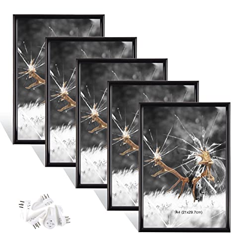 Dmyifan 5er Set Schwarz Fotorahmen, Bilderrahmen DIN A4(21 x 29,7 cm), Plexi-Glas Portraitrahmen Mit Nahtloser Haken, Wohnzimmer zum Stellen und Hängen, Dekorahmen für Fotos Portrait Jubiläum - Schwarz - A4 21x29,7 cm