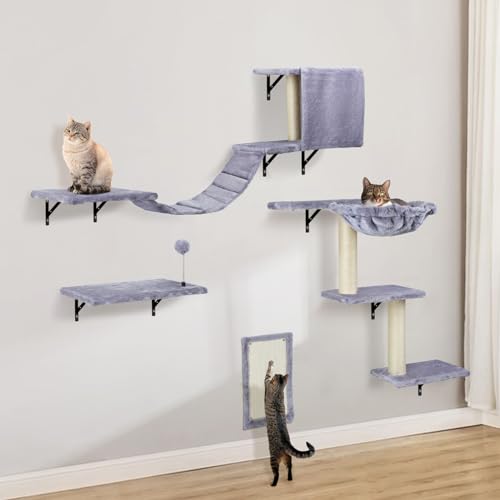 Katzen kletterwand Set mit Katzenbaum Hängematte,Katzenhöhle Wand,Katzenbrücke,Kratzbrett und Kratzbaum - 4-Teiliges Holz Katzenmöbel für Katzen Catwalk (Hellgrau) - Hellgrau