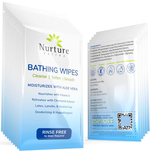 Nurture Rinse Free Bathing Wipes for Adults w/Aloe Waterless Cleansing for sensitive skin Disposable Adult Body Bath Wet Wipe for Disabled Bedridden (Pack of 40 (individually wrapped)) - Fresh - Pack of 40 (Individually Wrapped)
