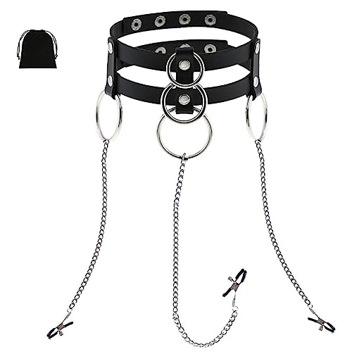 Nipple Clamps Necklaces with Chain for Women Sexy Nipple Ring with Necklaces Adjustable Nipple Noose Fake Nipple Ring Non Piercing Nipple Jewelry - Black-3