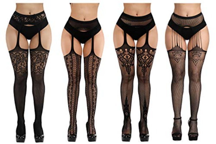 Fishnet Stockings ，Fishnet Thigh-High Stockings Pantyhose Stockings Fishnet Leggings Babydoll Lingerie for Women (4pcs) (Black)