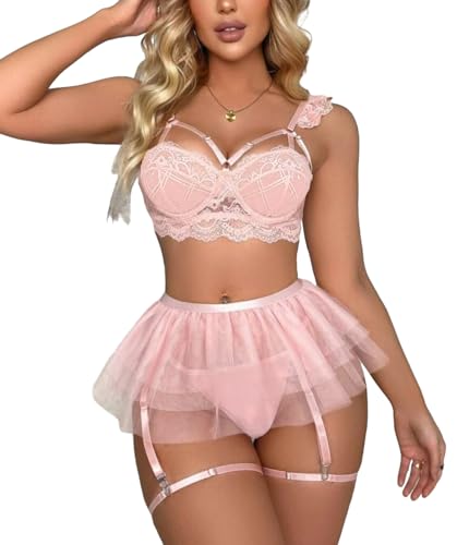 Lilosy Sexy High Waited Underwire Padded Push Up Floral Lace Lingerie Set - Small - Wireless Garter Pink