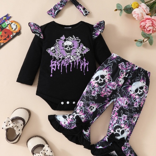 2pcs Baby's Creative Butterfly Skull Print Bodysuit &amp; Flared Pants &amp; Hairband Set, Toddler &amp; Infant Girl's Clothes