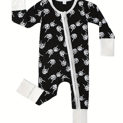 Rock Skeleton Hand Full Print Bamboo Fiber Bodysuit, Casual Zip Up Long Sleeve Romper, Toddler &amp; Infant Boy's Clothing