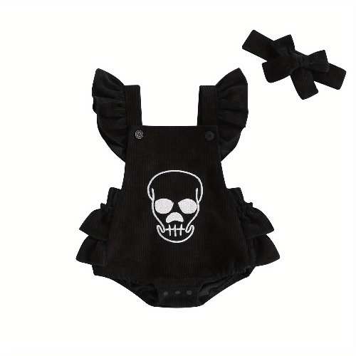 Baby Girls Clothes Flying Sleeve Skull Embroidery Halloween Romper Dress with Headband