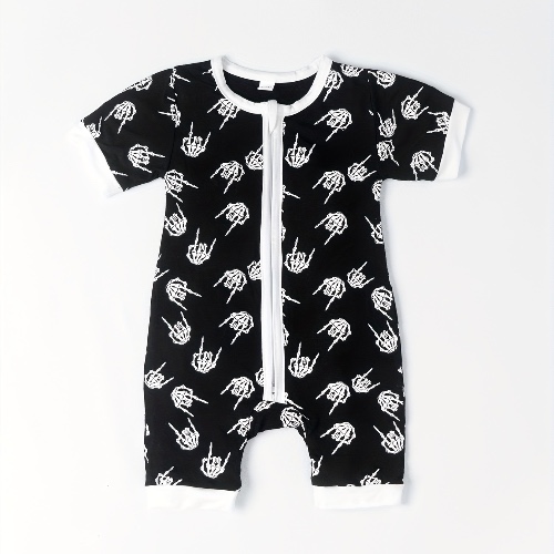 Baby Boy's Bamboo Fiber Comfy Romper, Short Sleeve Skeleton Hand Pattern Zipper Summer Onesie