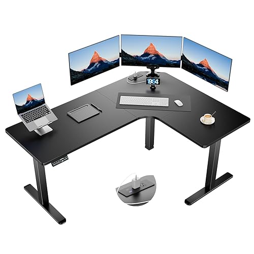 HUANUO 63″ Dual Motor L-Shaped Standing Desk, Built-in Power Outlets, Electric Height Adjustable Corner Computer Desk, Large Power Strip Holder, Sit Stand Up Desk with 3 Preset Heights, Black - Black