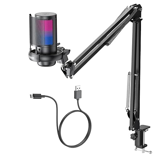 COCONISE Gaming Microphone, USB PC Mic for Podcasts Videos, Streaming, Condenser Mic with Quick Mute, Tripod Stand, Pop Filter, RGB Indicator, Shock Mount, Rotate gain button, Compatible with PS4/5/PC - With Boom Arm