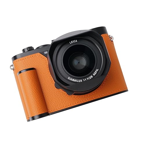 Iborrys-Camera Specialized Genuine Leather Half Case Suitable for Leica Q3 - Made by Hand>>Top Layer Genuine Leather Body+Metal Base Plate+Hand Shank+Magnetic Bottom Cover 4-in-1 Design (Orange)