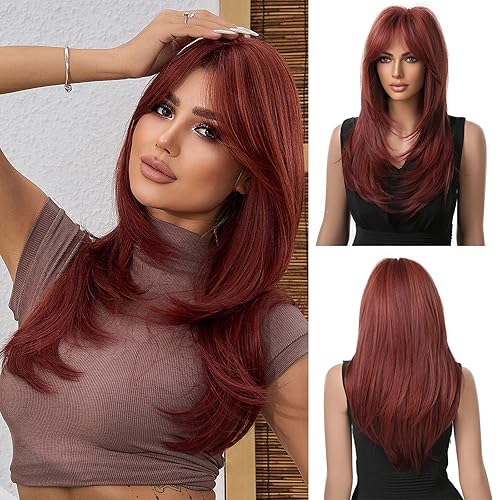 Esmee Perruques Longues et Droites Rouge Perruque pour les Femmes Synthétiques Layered Bourgogne Cheveux Synthétiques avec Frange pour la fête Quotidienne Cosplay Utilisation-20 Pouces - Rouge - 20 Pouces