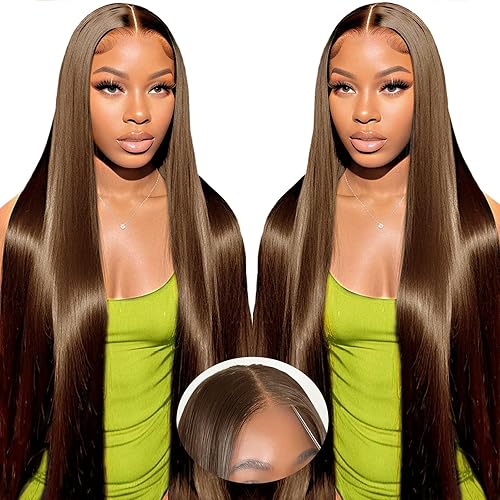 Glueless Wig Human Hair Chocolate Brown 5x6 Pre Cut Lace Wig Human Hair For Black Women, Perruque Femme Naturelle Brésilien Perruque Cheveux Humain Sans Colle Marron Chocolat Straight Wig 16 Pouces - 16inch(40cm) - Chocolate Brown 5x6 Pre Cut Lace Wig Human Hair