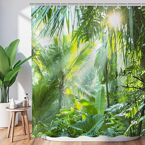 Hnmdmyi Rideau de Douche forêt 165x180, Jungle Tropicale forêt Tropicale Vert Palmier Arbre Plante Nature Paysage scène Rideau de Baignoire imperméable Tissu Polyester Lavable Rideau de Bain - 409 - 165 x 180 cm