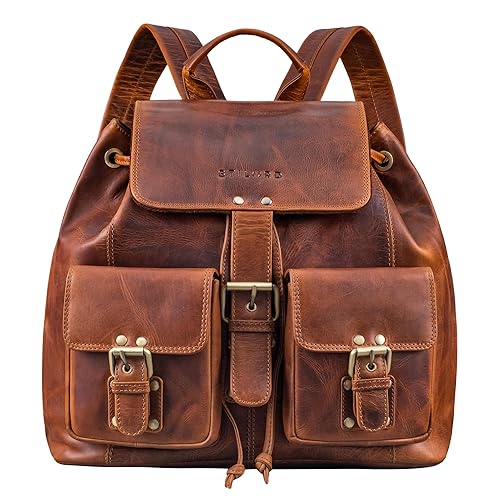 STILORD 'Larissa' Vintage Sac à Dos/Sac a à Main pour Femmes/Loisir/Documents au Format A4 / pour MacBooks/Backpack Retro Vintage Cuir véritable Antique - Sesto - Cognac