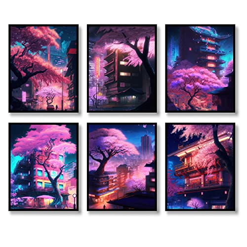 QQQDADA Japanese Wall Art Prints Set of 6 Anime Posters Abstract Illustration Wall Art Comic Sakura Picture Fashion Canvas Art Painting for Living Room Bedroom Wall Decor (8"x10" UNFRAMED) - 8"x10" UNFRAMED