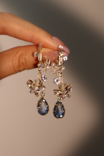 14K Real Gold Plated Diamond Butterfly Blue Drop Earrings | Default Title