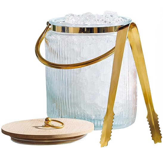 Glass Ice Bucket with Airtight Lid, Ice Tong Scooper and Handle - 3L Ribbed Beverage Tub Cocktail Home Bar Accessories, Wine, Beer - Chiller for Parties, Champagne Drink Tub Cooler with Hinged Handles - Glass