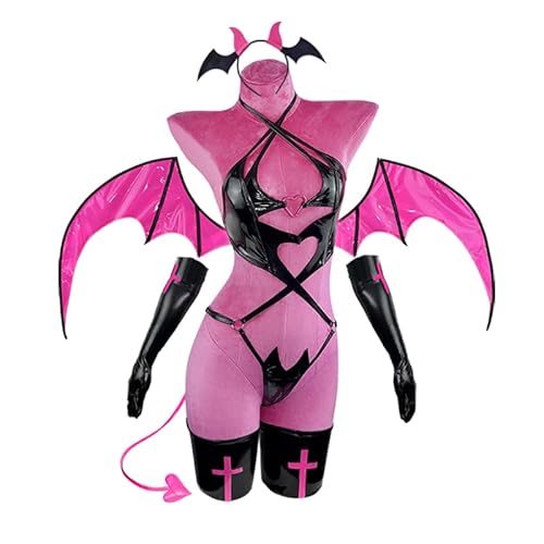 KORURACLUB Succubus costume（6-Piece Set） Black premium pu cosplay lingerie for women Red wing devil lingerie - Small