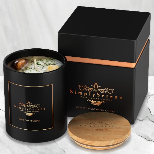 Hand Poured Vegan Natural Soy Scented Candle with Tiger's Eye & Citrine Crystals| Long Burn Black Glass Jar Gift Candles| Spiritual Aromatherapy & Meditation Accessories