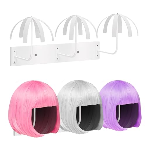 Yumkfoi Hanging Wig Stand for Multiple Wigs, 6 PCS Wall Mounted Wig Hanger Holder, Sturdy Wig Storage Organizer Rack for Wig Display, Storage, Styling, Drying (Carbon Steel and Wood) - Wall Mount - White