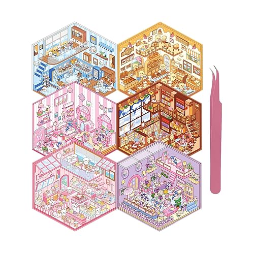 DIY 3D Sticker Scene 6 Sets of Stickers for Girls Make Your Own Mini Shop Scenes Stickers for Kids Cute Cartoon Animal Sticker for Adult Relief Stress Pass The Time - A Set