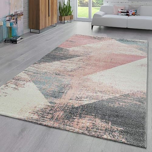 Paco Home Area Rug Abstract Geometric Pattern Fashionably Faded in Multicolor Pink Cream Gray Blue, Size:6'7" x 9'6" - 6'7" x 9'6"