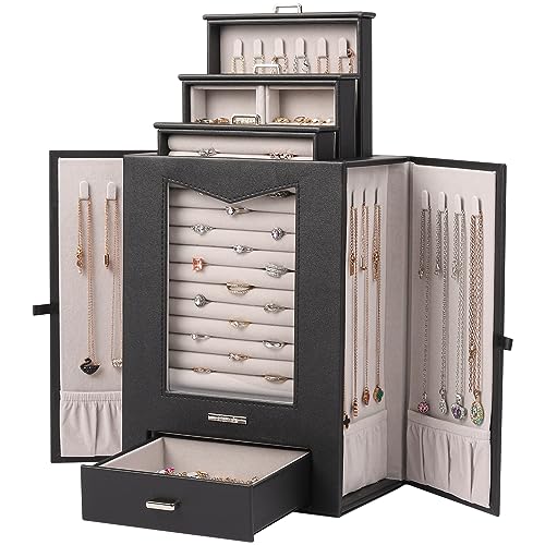 Homde Jewelry Organizer with Transparent Window Necklace Hooks Gift for Women Jewelry Box Display Case for Necklaces Rings Earrings Bracelets and Other Jewelry Accessories (Black) - Black