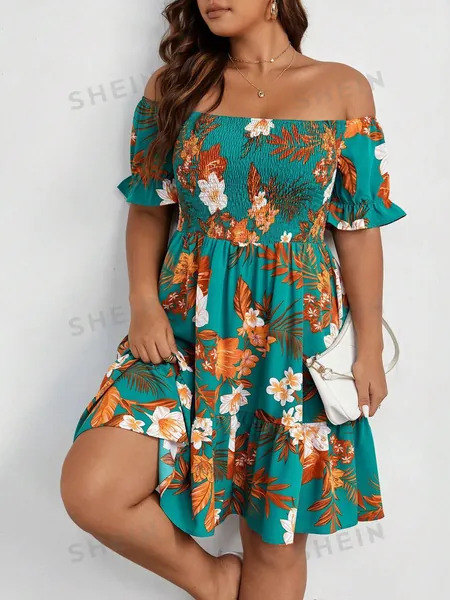 SHEIN WYWH Plus Tropical Print Off Shoulder Flare Sleeve Ruffle Hem Dress