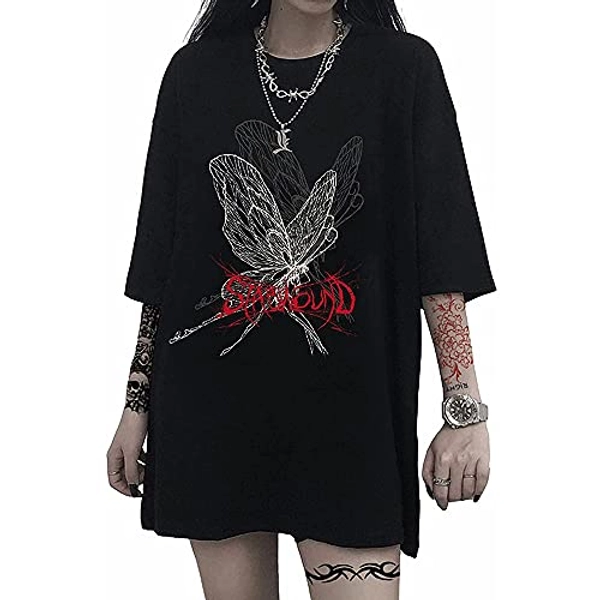 Women's Gothic Alt Emo T-Shirt Punk Dark Grunge Oversized Streetwear Top E Girl Y2k Harajuku Clothes