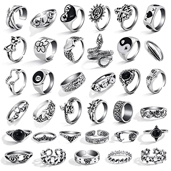 17IF Vintage Silver Goth Grunge Ring Set for Women Men Girl, Chunky Gothic Cool Punk Stackable Adjustable Open Knuckle Finger Rings Bulk Stacking Ring Pack