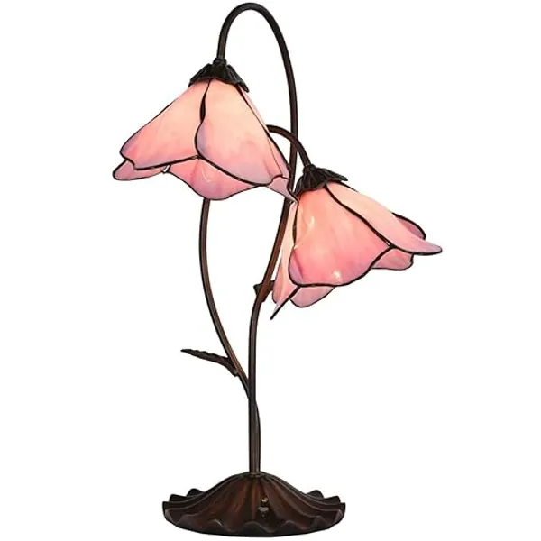 Bieye L30811 Flower Tischlampe aus Buntglas im Tiffany-Stil mit 20,3 cm breitem, gebogenem Blütenblatt-Schirm, Seerosenblatt-Sockel, 2-flammig