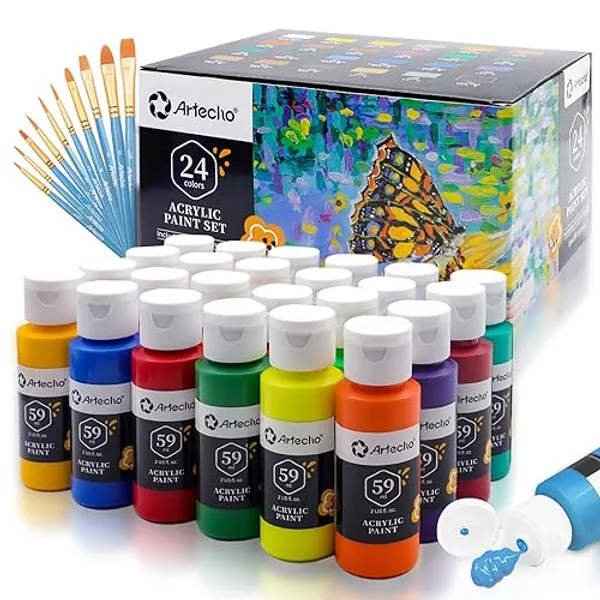 Artecho Acrylfarben Set 24 x 59ml mit 10-teiligem Pinsel, Acrylfarben Wasserfest und Lichtecht, Ungiftig, Acrylic Paint Set, Ideal für Leinwand, Papier und Stoffe, Geeignet für Anfänger und Profis - 24 x 59ml + 10 Pinsel