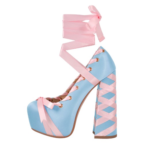 Bow Lolita Platform Lace-up Chunky Heel Pumps | Light Blue / US9.5