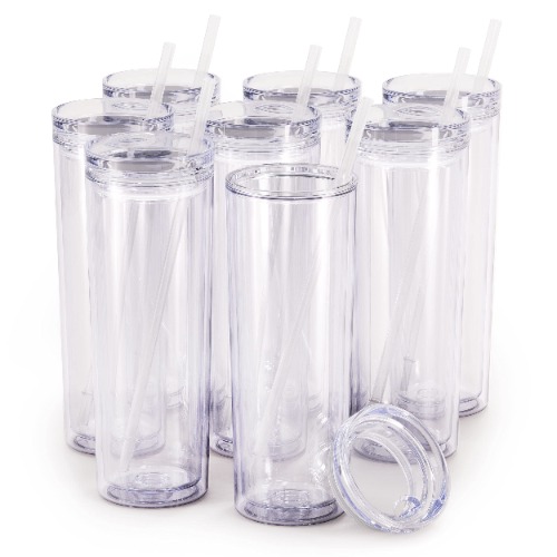 Maars Skinny Acrylic Tumbler with Lid and Straw | 18oz Premium Insulated Double Wall Plastic Reusable Cups - Clear, 8 Pack - 8 Count (Pack of 1) Clear
