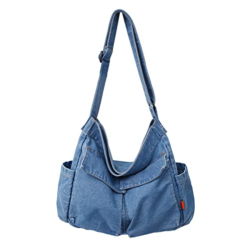 Canvas Messenger Bag Large Hobo Crossbody Bag with Multiple Pockets Canvas Shoulder Tote Bag for Women and Men - A06-light Blue Denim