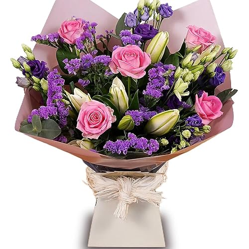 Purple Passion Hand-Tied Flower Bouquet - Fresh Purple Lisianthus, White Lilies, and Pink Roses - Next Day Prime Delivery - Perfect for Birthdays, Anniversaries, and Special Occasions - Standard