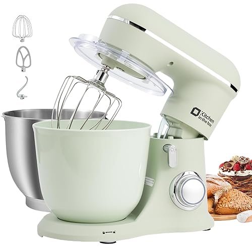 Kitchen in the box Stand Mixer, 4.5L+5L Two Bowls Food Mixer for Baking, 10 Speeds Electric Kitchen Mixer with Dough Hook, Whisk, Beater, 1300W Matte Cake Mixer (Light Green) - 4.5L - Light Green