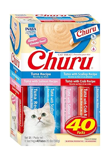 INABA Churu Cat Treats, Grain-Free, Lickable, Squeezable Creamy Purée Cat Treat/Topper, 0.5 Ounces Each Tube, 40 Tubes, Tuna Varieties Box - Tuna Varieties Box