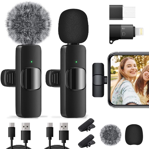 2 Pack Micrófono Inalámbrico,Microfono de Solapa para iPhonePad/Android/PC,Inalámbrico Lavalier Compatible Profesional con Reducción de Ruido Inteligente,Plug and Play,para Vlog Video,Youtube Tiktok