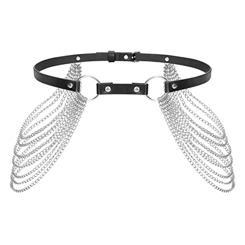 Gift Punk Leather Waist Chain Body Chains Waist Belt Layered Belly Belt Body Rave Accessories Jewelry for Women Girls - A-Black(Silver Chain) - Fit Waist Size 40"-46"