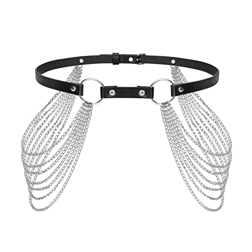 LEACOOLKEY Punk Waist Chain Belt Leather Layered Belly Body Chains Black Waist Chain Nightclub Rave Body Chain Accessories Jewelry for Women and Girls - Suitable for waist size 27"-35" - A-Black