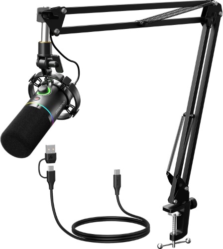 MAONO - Kit de micrófono dinámico XLR/USB, micrófono Gamer RGB con Software, Silencio, Perilla de Ganancia, Control de Volumen, Brazo de Pluma para Podcast,Streaming, Gamer, Voz en Off, - Negro con Brazo