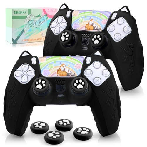 SIKEMAY PS5 Controller Skin 2 Pack, Cute Cat Paw PS5 Controller Cover Case Anti-Slip PS5 Accessories Silicone Skin Protective Controller Grip for Playstation 5 DualSense with 4 Thumb Grip Caps (Black) - Black