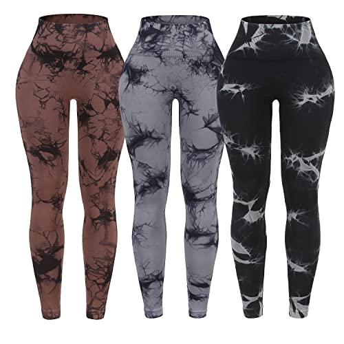 OVESPORT 3 Pack Tie Dye Seamless High Waisted Workout Leggings