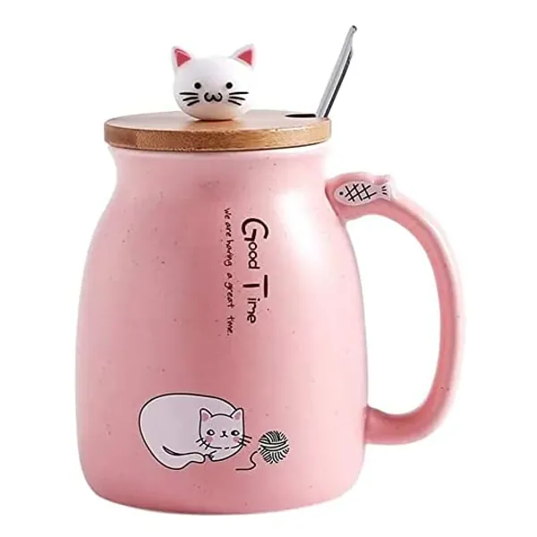 380ml/15oz Tasses de Chat en Céramique Mug avec Tasse de chat,Tasse à café en céramique mignonne avec Lovely Kitty couvercle en Cuillère en acier inoxydable （rose）
