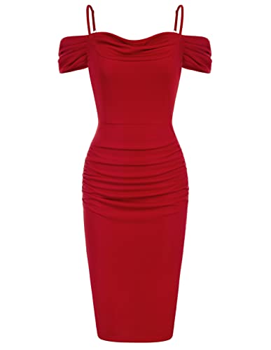 Belle Poque Robe de soirée moulante froncée avec épaules dénudées - M - Rouge