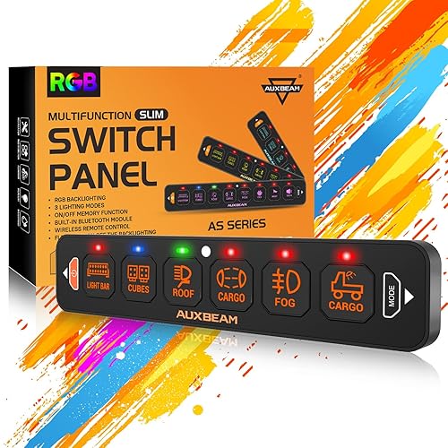 Auxbeam 6 Gang Slim Switch Panel RGB AS-R60 Automatic Dimmable Switch Panel with Toggle Momentary Pulsed LED Switch Pod Off Backlight 12-24V for Truck Offroad Car Boat Waterproof, 2-Year Warranty - AS-R60 6 Gang Switch Panel